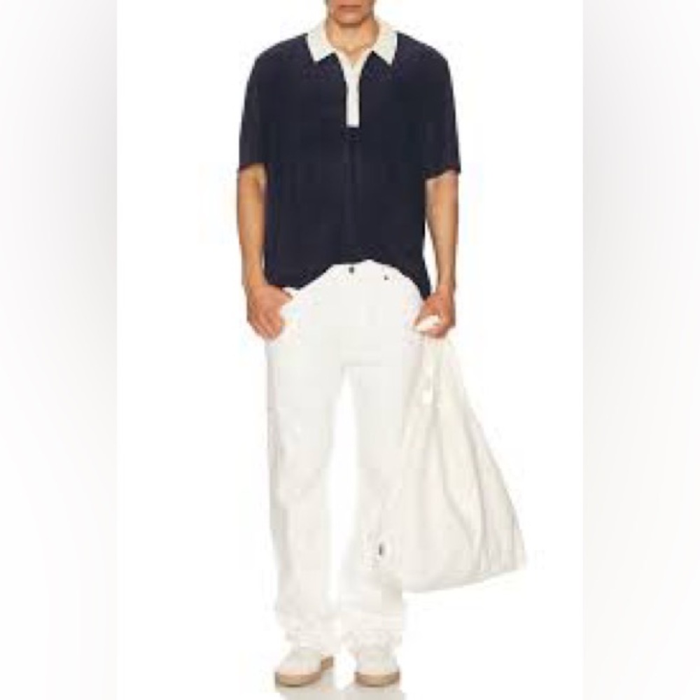 Onia Terry Cloth Polo Shirt Navy White Collar Resort Size L
